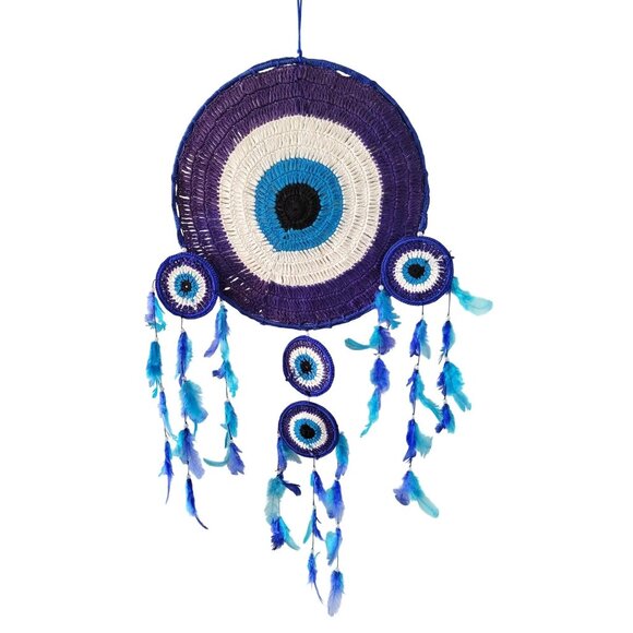 Crocheted Evil Eye Blue and White Dreamcatcher With Feathers and Beads 36" Long - Picture 1 of 8